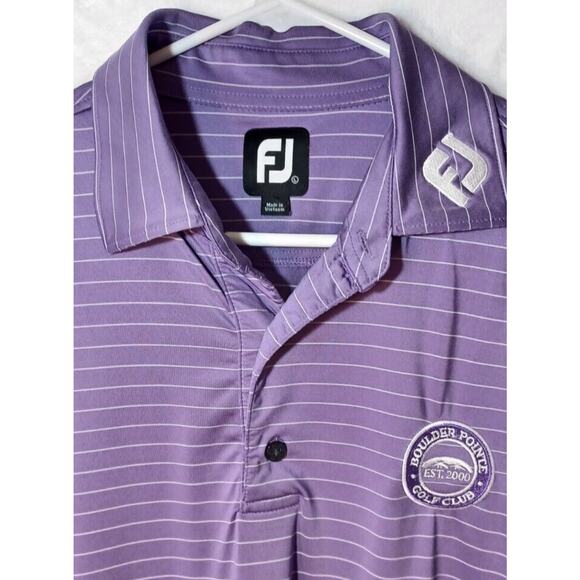 FJ Foot Joy Polo Shirt Men's L Purple White Stripe Golf Boulder Country Club EUC - Picture 4 of 6